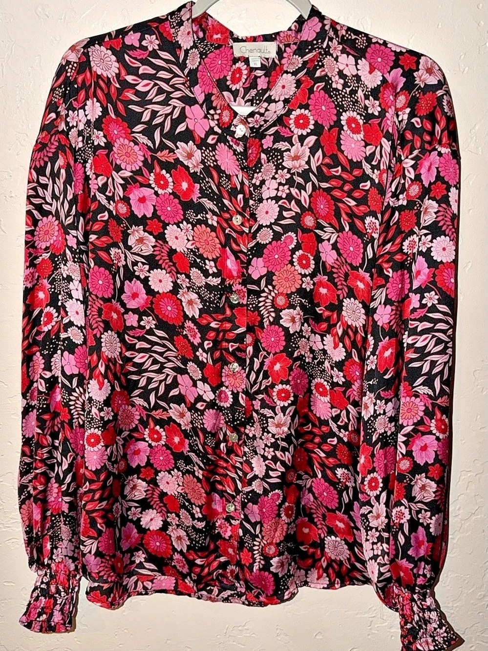 Chenault Floral Long Sleeve Blouse in Black & Pink Size XL